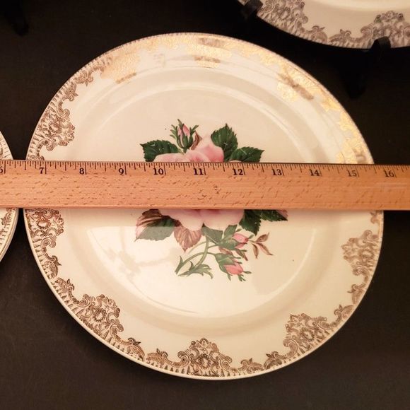 American Rose Dinner Bread Plates Paden City Pink Roses Gold Vintage 7 Piece Lot - Picture 10 of 10